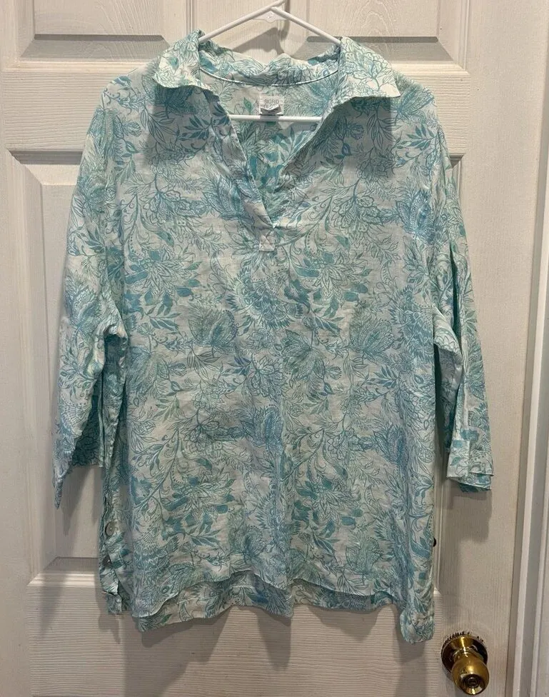 Sigrid Olsen 100% Linen Blouse Size 1X 3/4 Sleeves Collared Popover Floral - Image 1