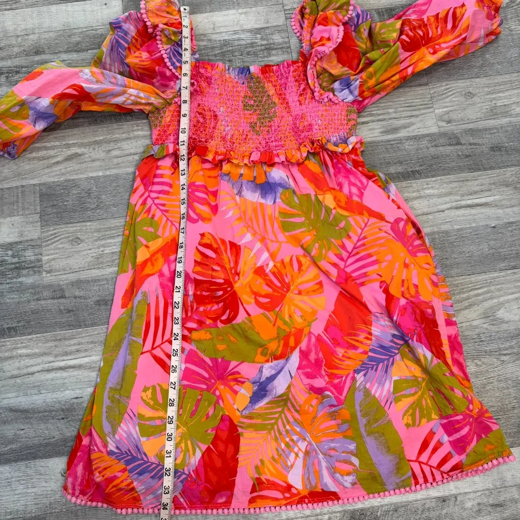 J. Marie bright colors smocked dress pomtrim long sleeve pockets size large M32 Pink - Image 8