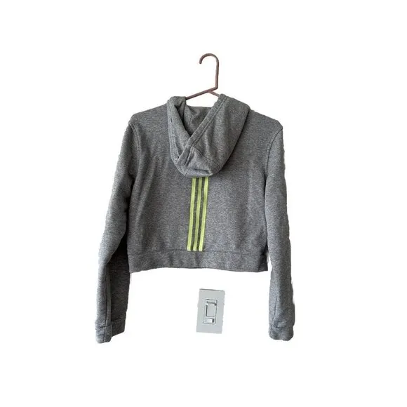 Adidas Cropped Hoodie Women's M Gray Long Sleeve Pullover Sweater 3 GreenStripes - Image 2