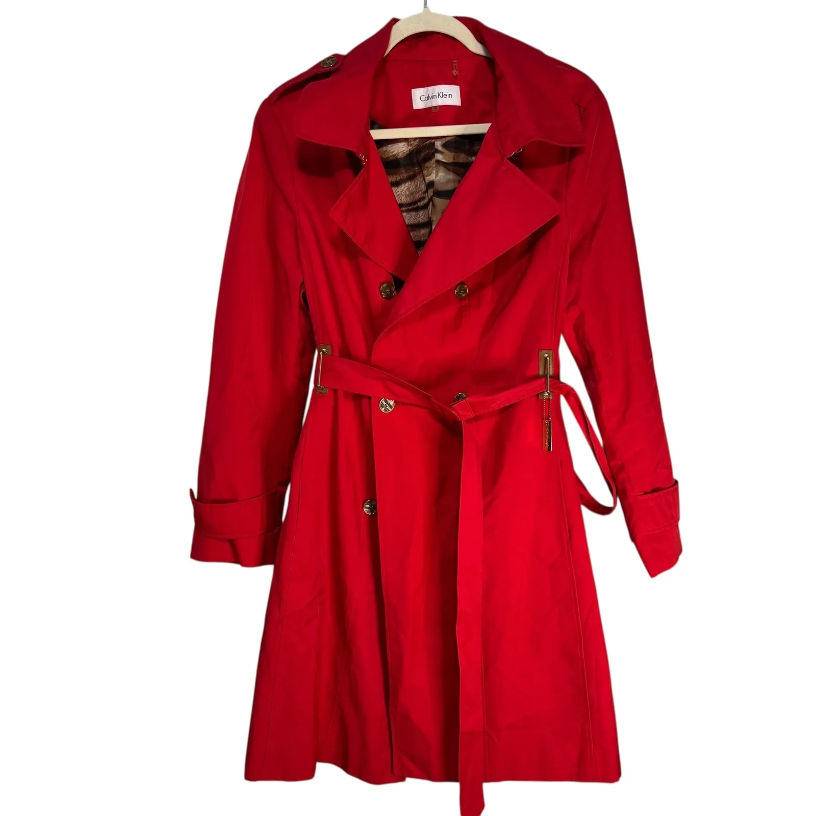 Calvin Klein Women Red Double Breasted Belted Trench Coat XL Vintage - Image 11