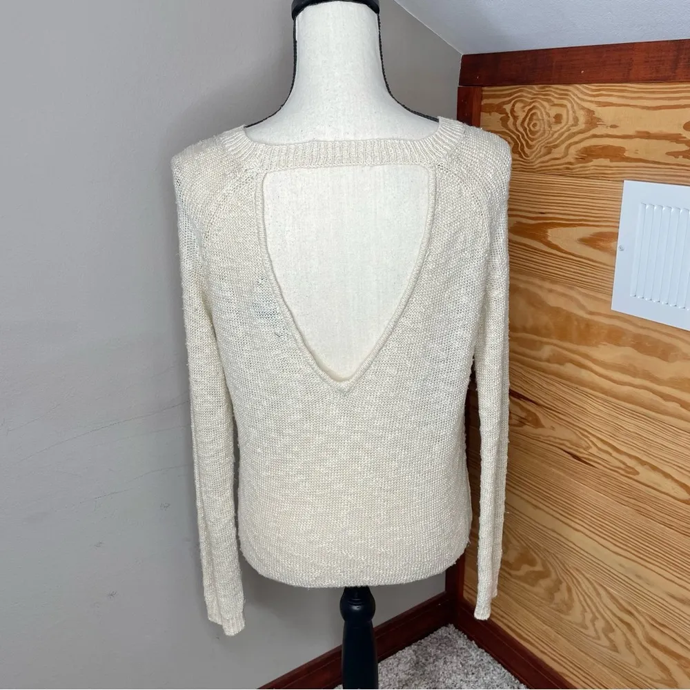 Keyhole Open Back Long Sleeve Sheer Knit Sweater in Cream Tan Small - Image 3