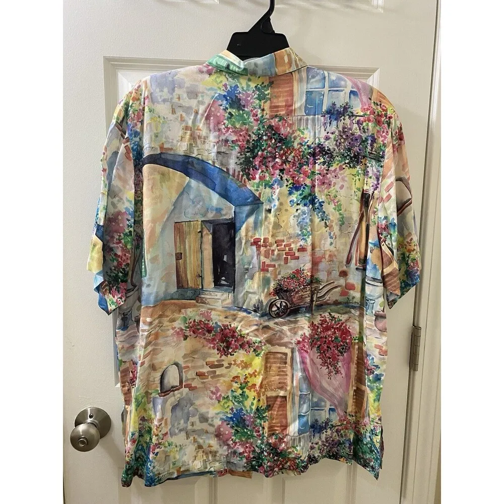 80s Express Women’s Button Down Shirt L Rayon Colorful Watercolor Garden Print - Image 7