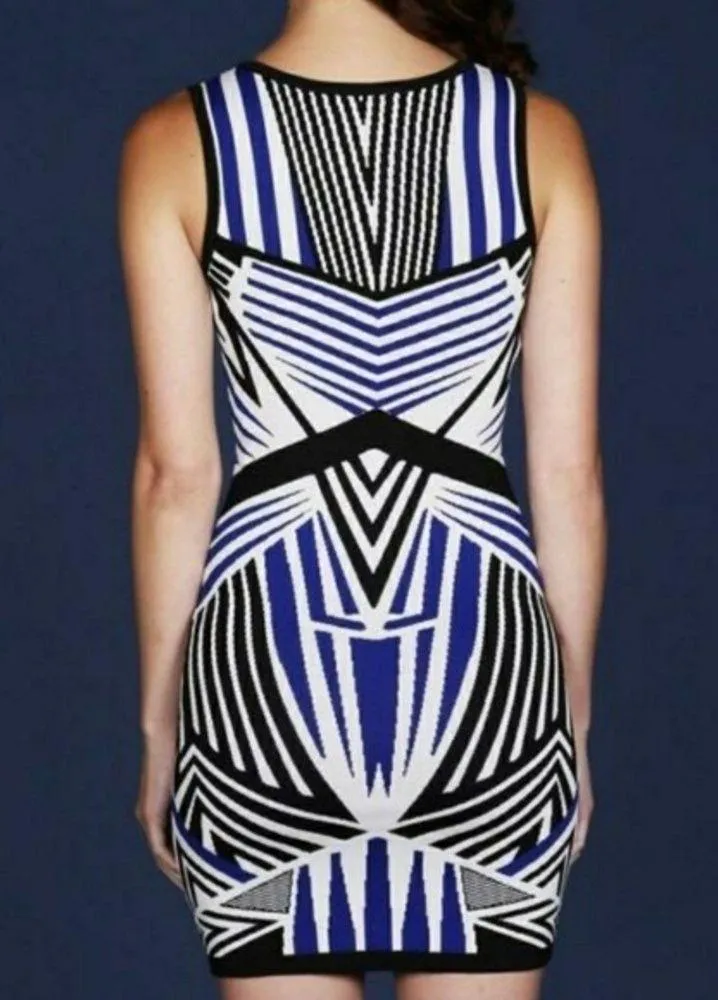 World of Women  Black White Blue Geometric Print Bodycon Mini Dress - Image 3