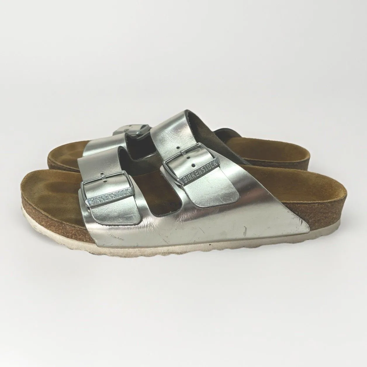 Birkenstock Women's Silver Metallic Leather Arizona Sandals Sz 40 W Sz 9 - Image 6
