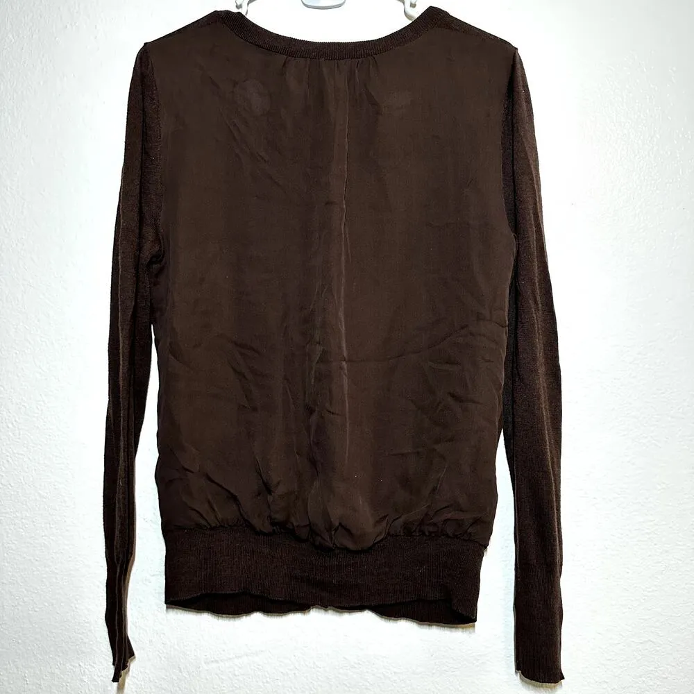 Trina Turk Cardigan Silk Sweater Knitted Long Sleeve Button Front Ribbed Brown M - Image 4