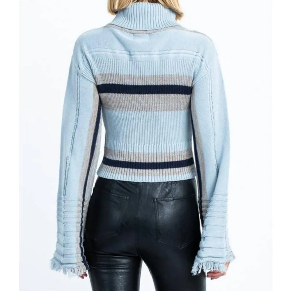 Skylar + Madison Turtleneck Sweater Blue Women S Fringe Bell Sleeve Stripes Knit - Image 5