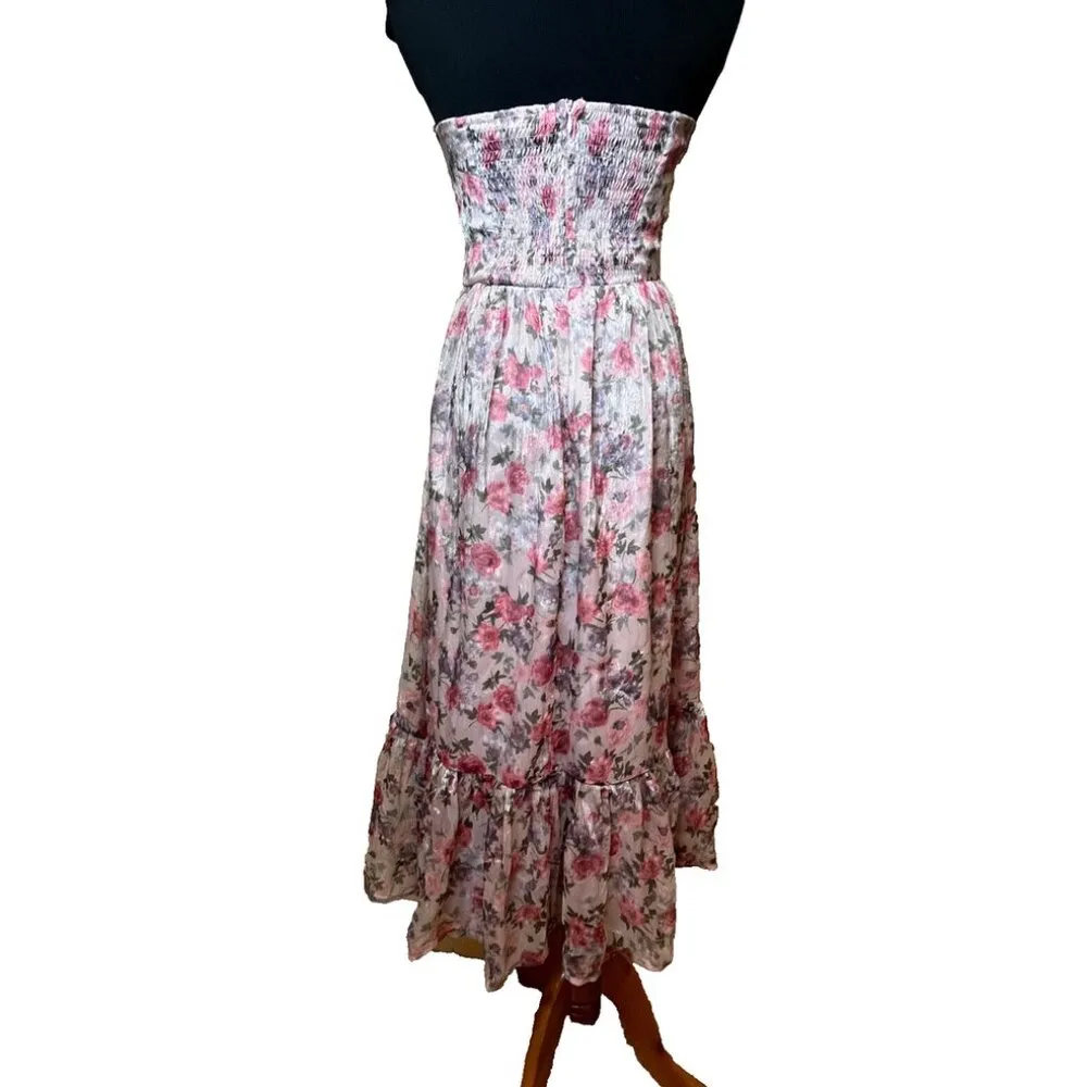 Floral Strapless Midi Dress Ruffle Peasant Prom SZ S Event Shower Wedding Fancy - Image 3