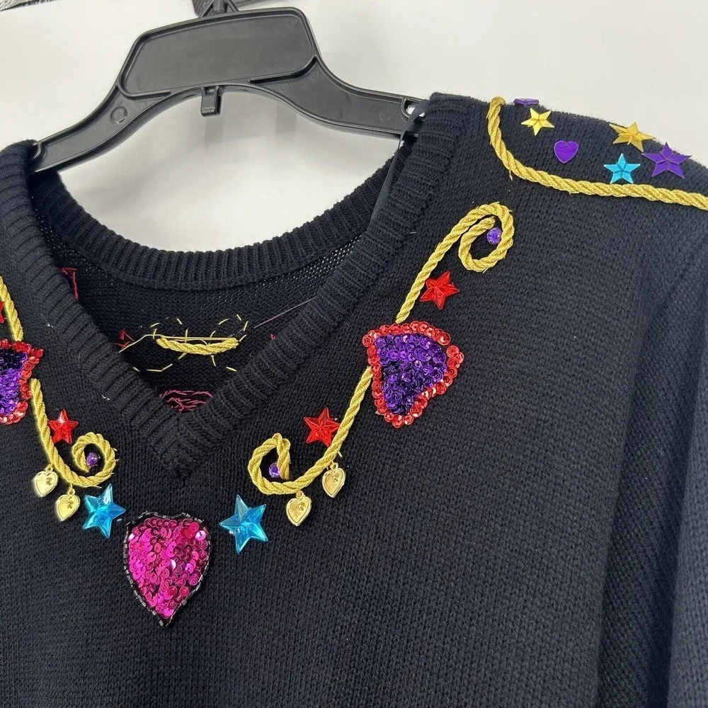 Vintage 80s Plain Jane Black Sweater Dress Embellished Sequins Midi Length M Size M - Image 11