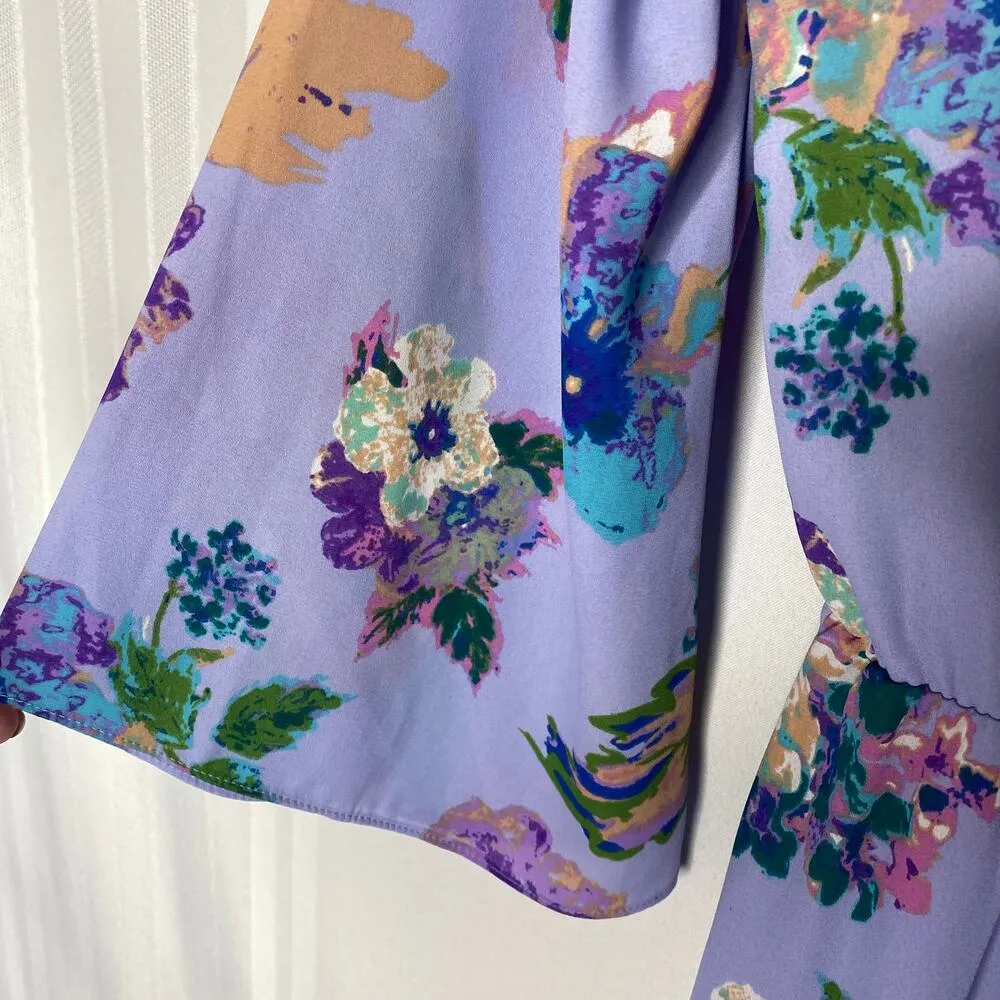 everly Floral Pleated 3/4 Sleeve V-Neck Ruffle Romper Medium Purple Lightweight - Image 6