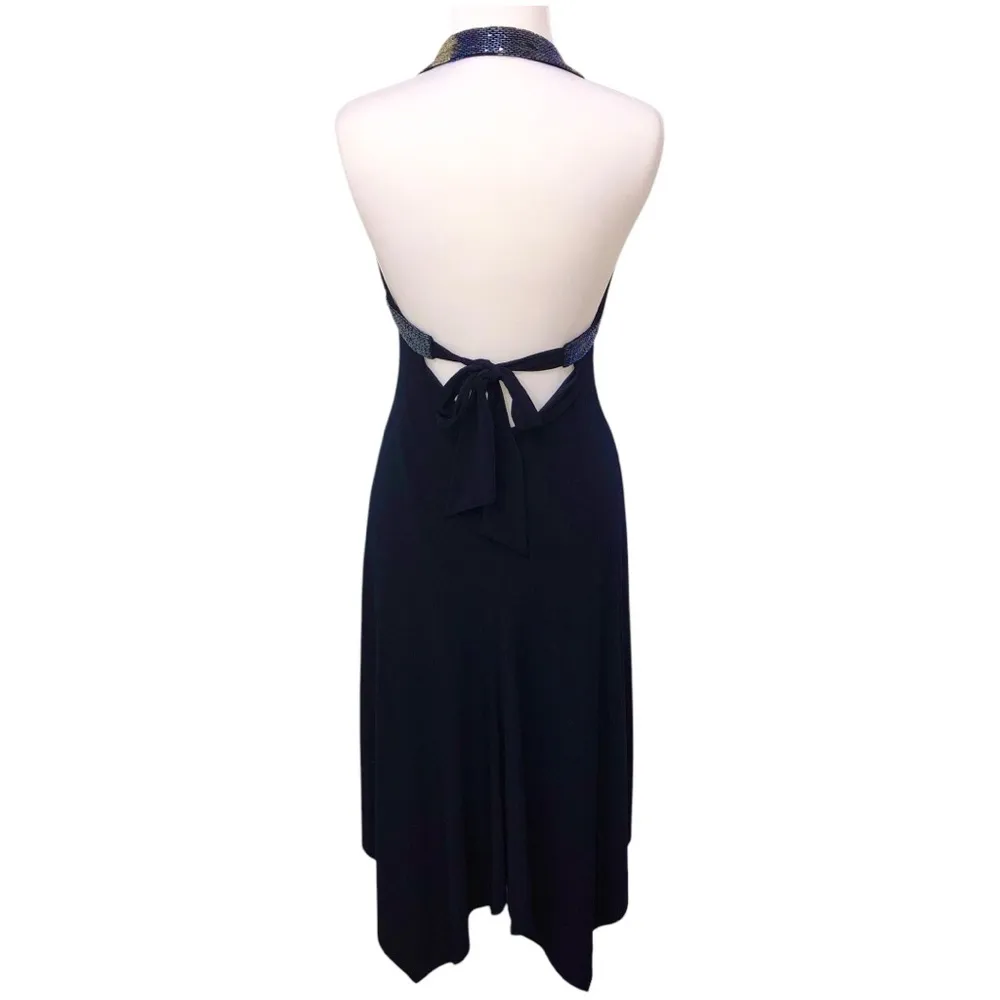 Cache Midnight Blue Beaded Halter Handkerchief Hem Dress 12 EUC - Image 4