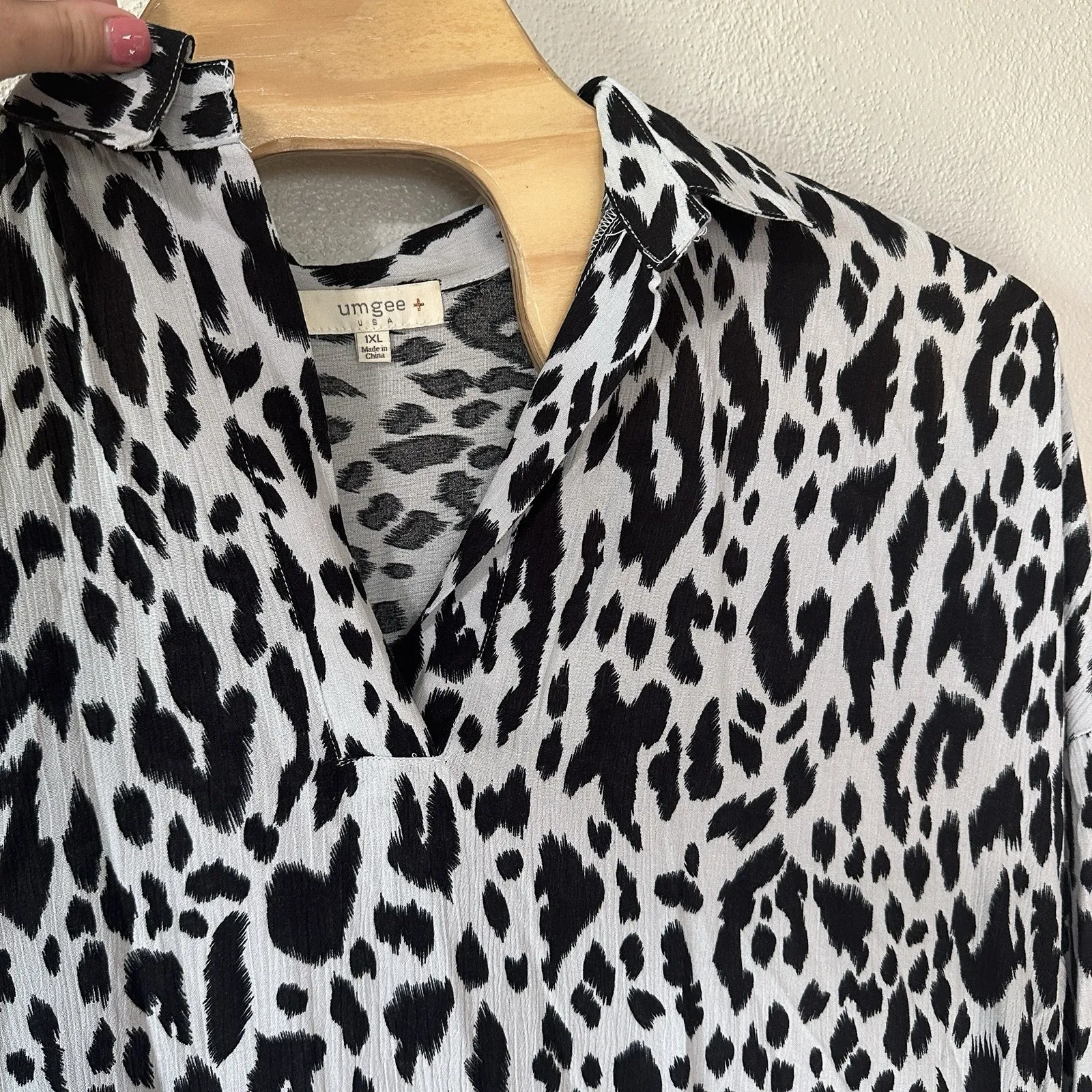 UMGEE Gray Leopard Long‎ Wide Sleeve Fringe Trim Tunic Top Coverup Size 1XL - Image 2