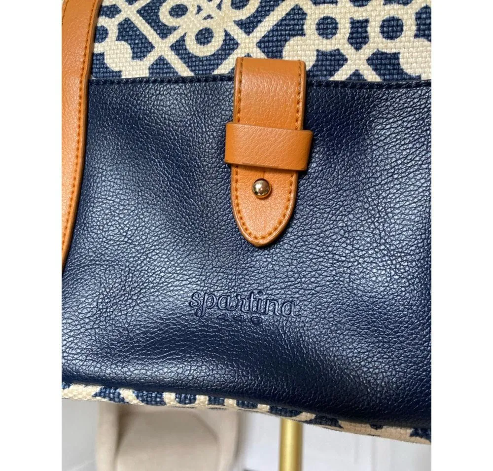 Spartina 449 Linen Leather Bag Daufuskie Island Geo Canvas Coastal Resort Prep - Image 7