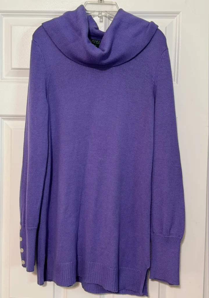 Lauren Ralph Lauren Cowl Neck Wool Blend Button Sleeve Purple Sweater Medium - Image 1