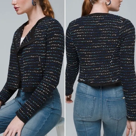 WHBM Jacket Knit Black Tweed Fringe Moto Cropped Open Front S Party Work Chic - Image 2