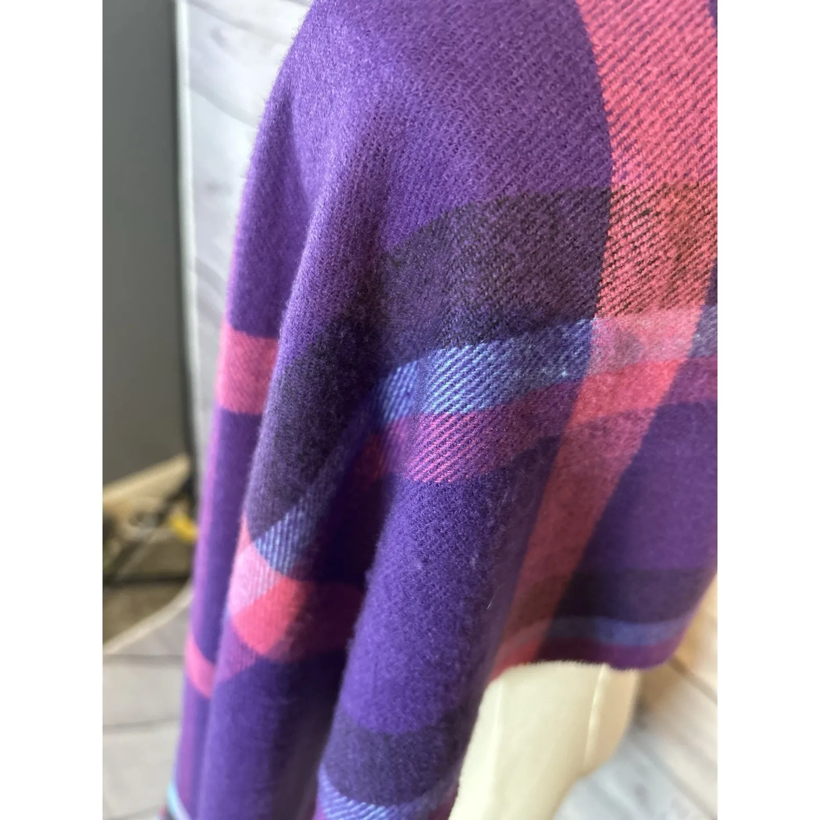 Plaid Purple Pink Black Blue 100% Cashmere Scarf Made in Scotland Fringe 64x12 - Image 7