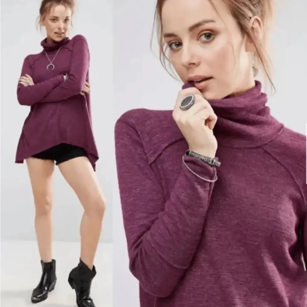 Free People We the Free Oversized Split Back Turtleneck Sweater Tunic‎ Top Plum - Image 2