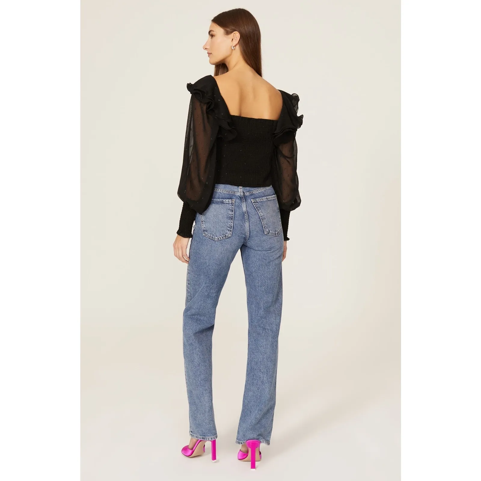 Hutch Anthropologie Reni Black Ruffled Blouson Sleeve Clipdot Chiffon Top Size M - Image 3