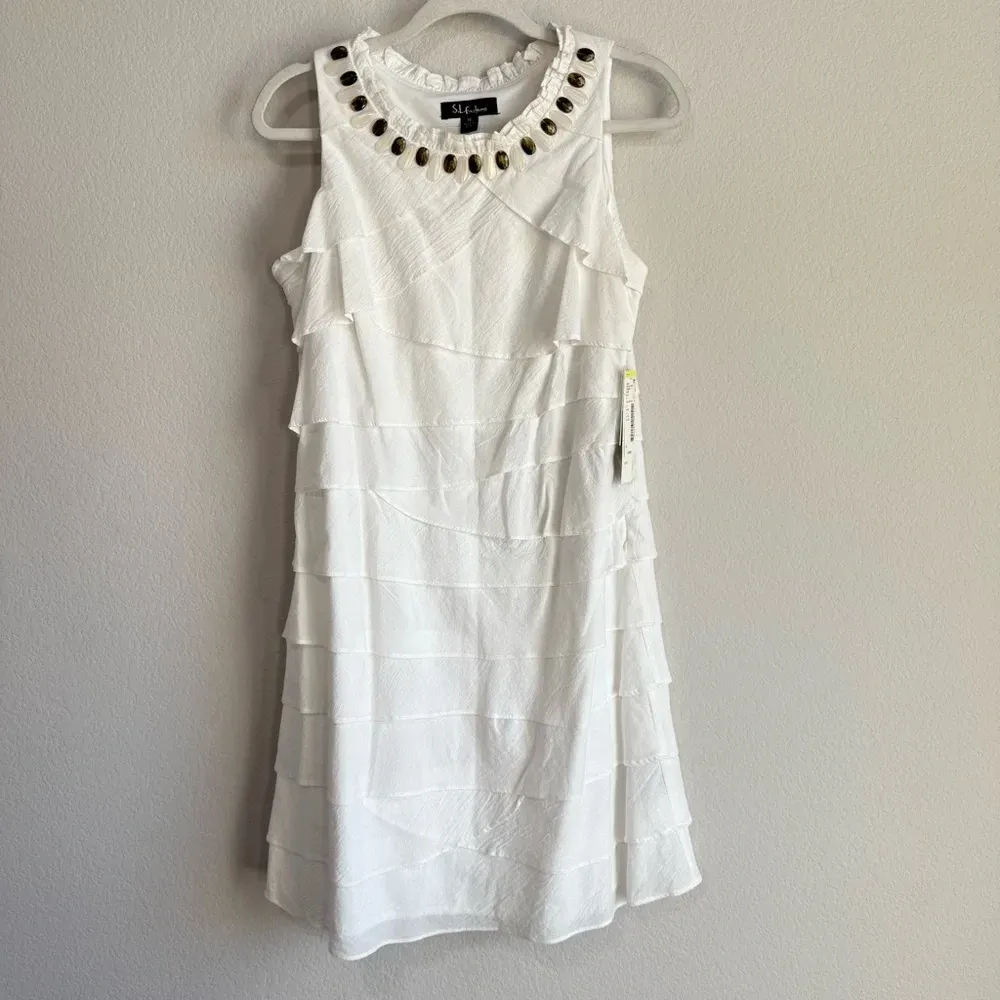 S. L. Fashions Women's 14 Dress White‎ Jeweled Neckline Tiered Ruffled Bling NWT White - Image 5