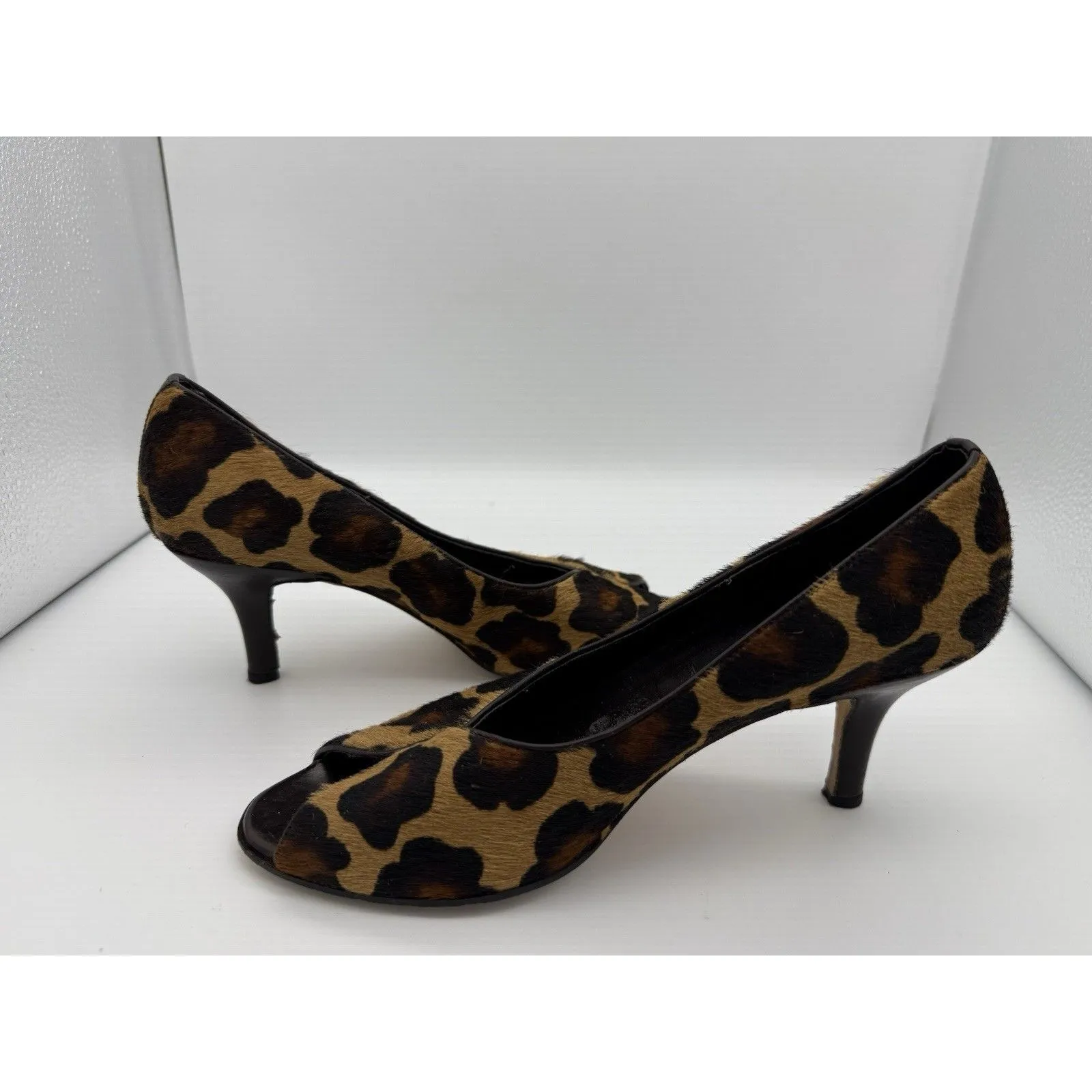 Van Eli Peep Toe 3" Heels Women 7.5 Animal Print Calf Hair Wedding Going Out Brown - Image 5