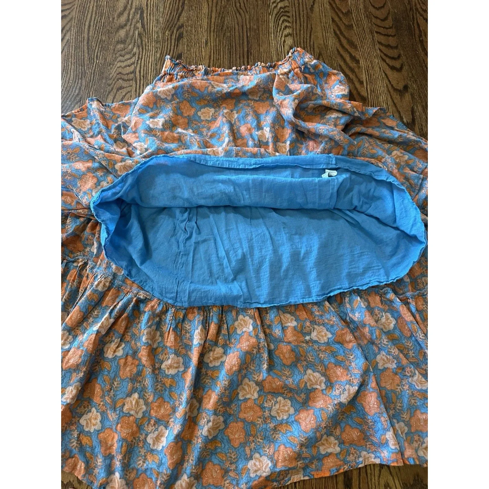 Sundry 100% Cotton Tiered Maxi Skirt Orange Blue Floral Lined Sz Large (3) Boho - Image 7