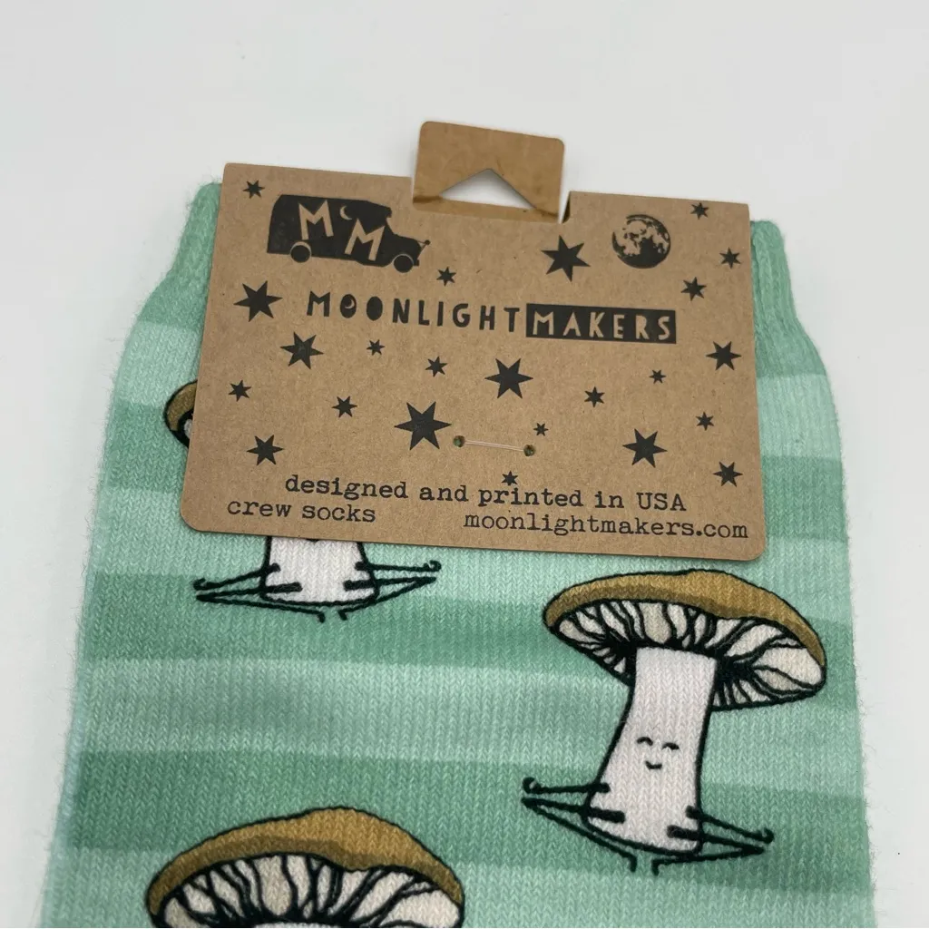 Let That Shitake Go Socks Mushroom Novelty Unisex Pun Green Stripe One Size NWT‎ - Image 5