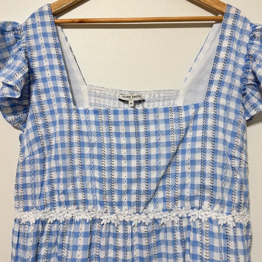 English Factory Gingham Midi Dress Size 2X Tiered Cotton Blue - Image 4