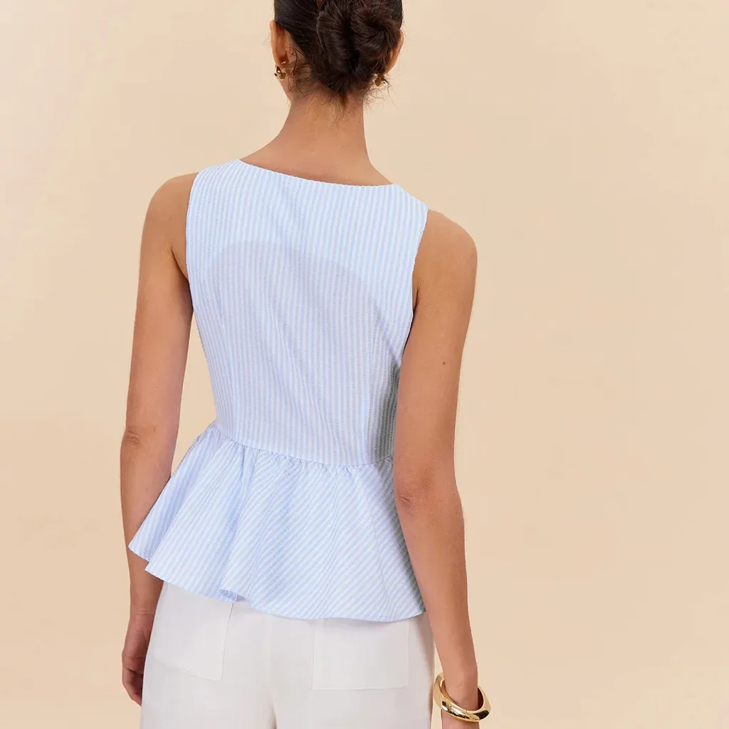 Commense Striped Peplum Top With Bow Details XS White - Image 2