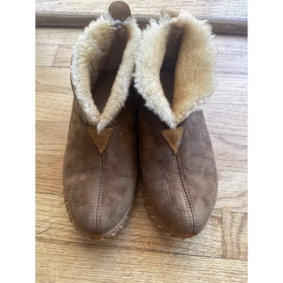 Vtg LL Bean WICKED GOOD Mocs Brown Suede Leather SHEARLING LODGE Chukka Slippers - Image 2