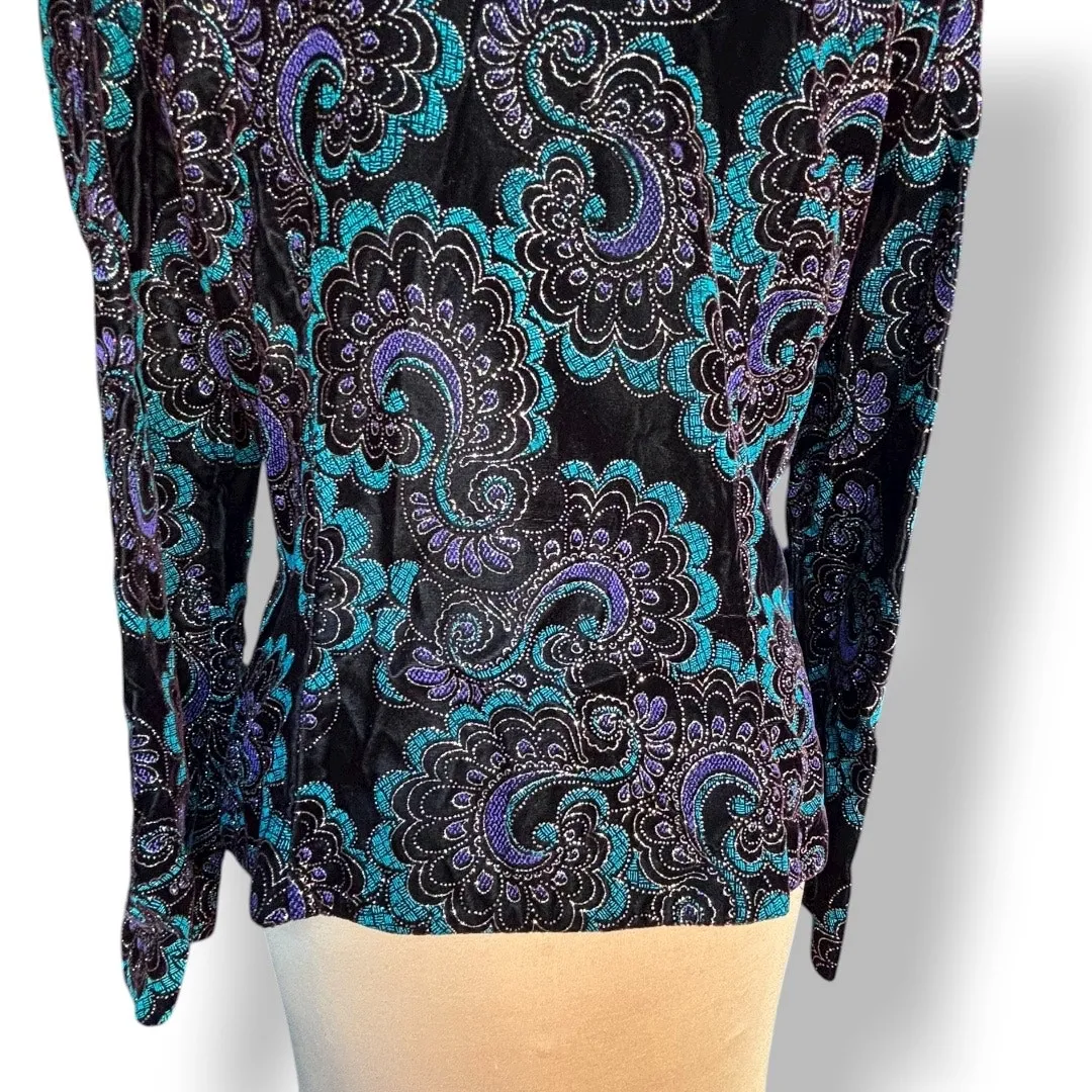 Vintage Velvet Paisley Jacket Black Teal Purple Button Front Scalloped Hem 12 - Image 5