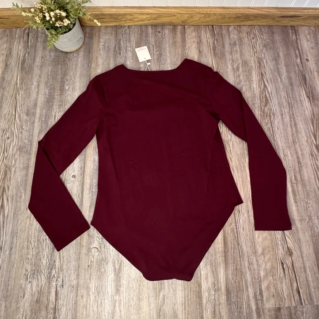 Mangopop Women Square Neck Burgundy One Piece Long Sleeve Body Suit Plus XXL - Image 3