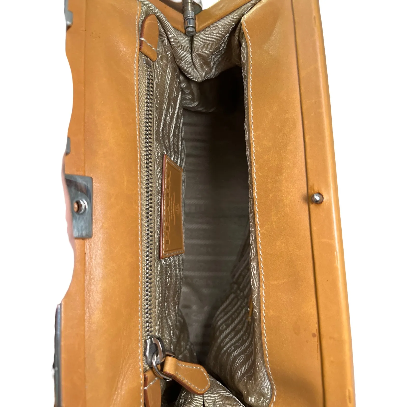 Prada Canapa Jacquard Canvas & Leather Frame Satchel Tote Bag Brown Tan Vintage - Image 9