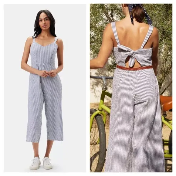 NEW Amour Vert Taya Seersucker Wide Leg Jumpsuit Stripe Blue White Women's XS - Image 2