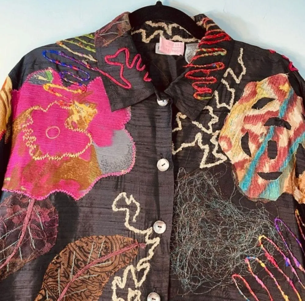 Chico's Pure Silk Embroidered Art to Wear Button Front Jacket Size L/12 - Image 2