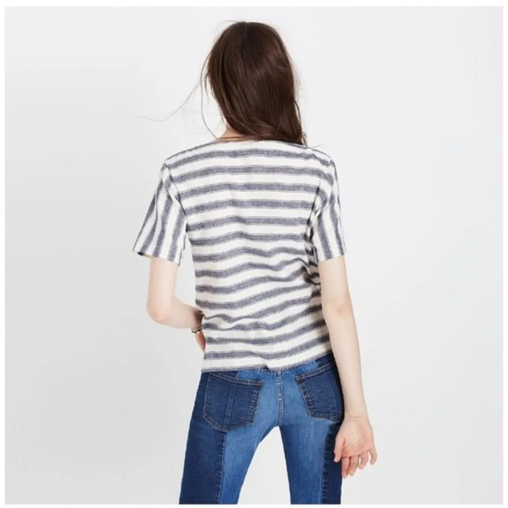 Madewell Women's Linen, Cotton Blend Indigo Striped Short Sleeve Lace-Up Tee XXS - Image 10