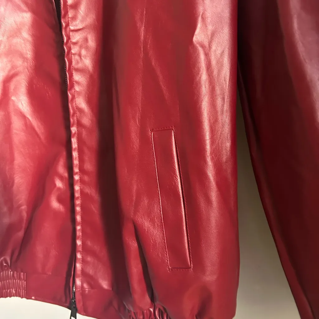 Classic Red Vegan Leather Front Zip Oversized Bomber Style Jacket - Image 7