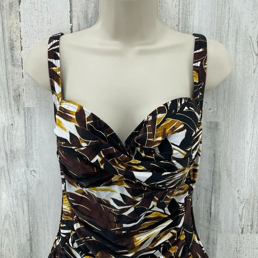 Simply Swim One Piece Swimsuit Womens 12 Brown Tropical Cinch Waist NWOT - Image 2