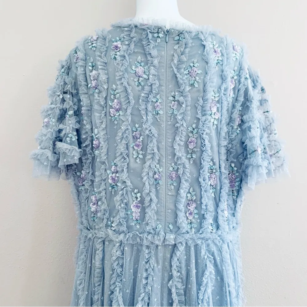 Ivy City Co Lilac/Gray Floral Beaded Ruffled Swiss Dot Maxi Tulle Dress. Purple Size 1X - Image 9