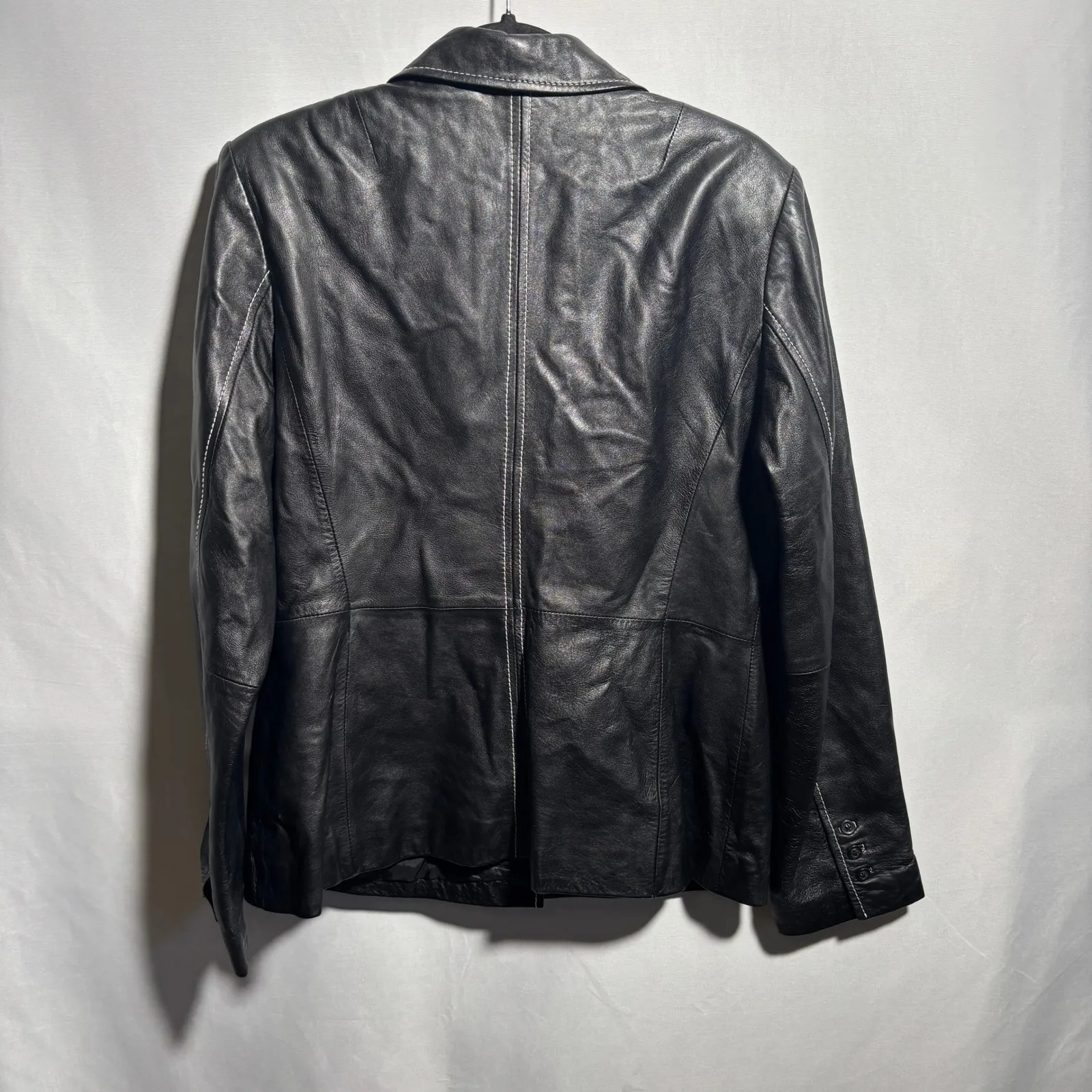 VTG 90s Y2K INC Womens 14 Black Leather Blazer Jacket Exposed Stitch Gilmore SEE - Image 2