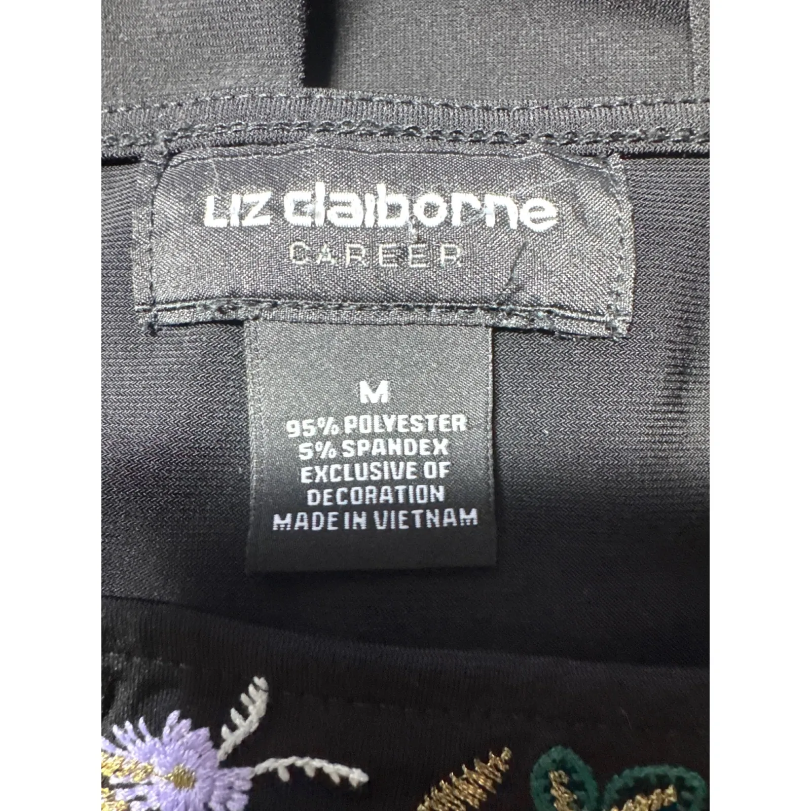 Liz Claiborne Career Black Embroidered Neckline 3/4 Sleeve Top Womens M - Image 3