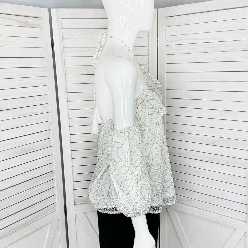 Beau Tissu Lace Cold Shoulder Puff Sleeve Halter‎ Blouse White Black Small - Image 3