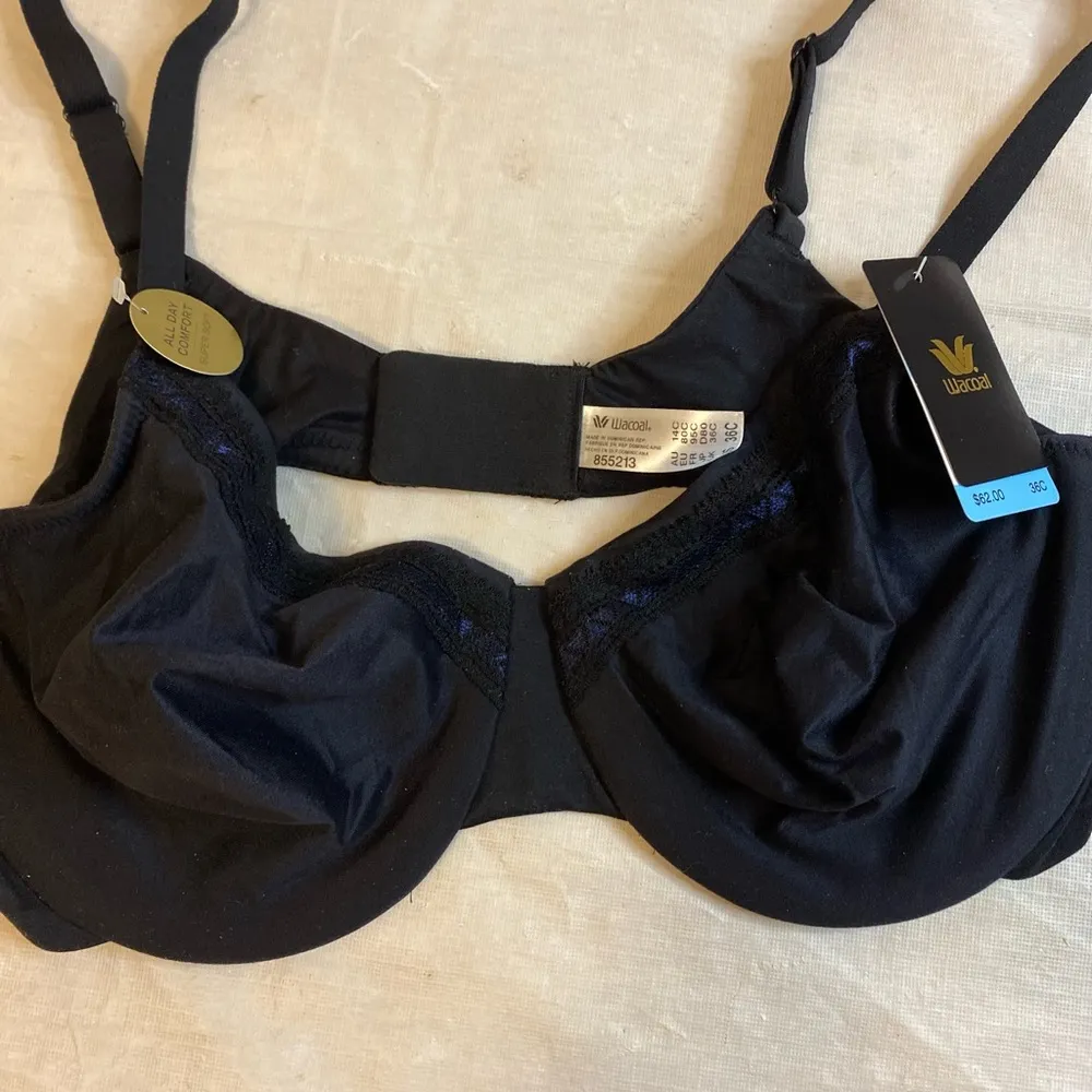 Wacoal Black Underwire Bra Adjustable Straps Lace Detail on Cups Sz 36C - Image 2