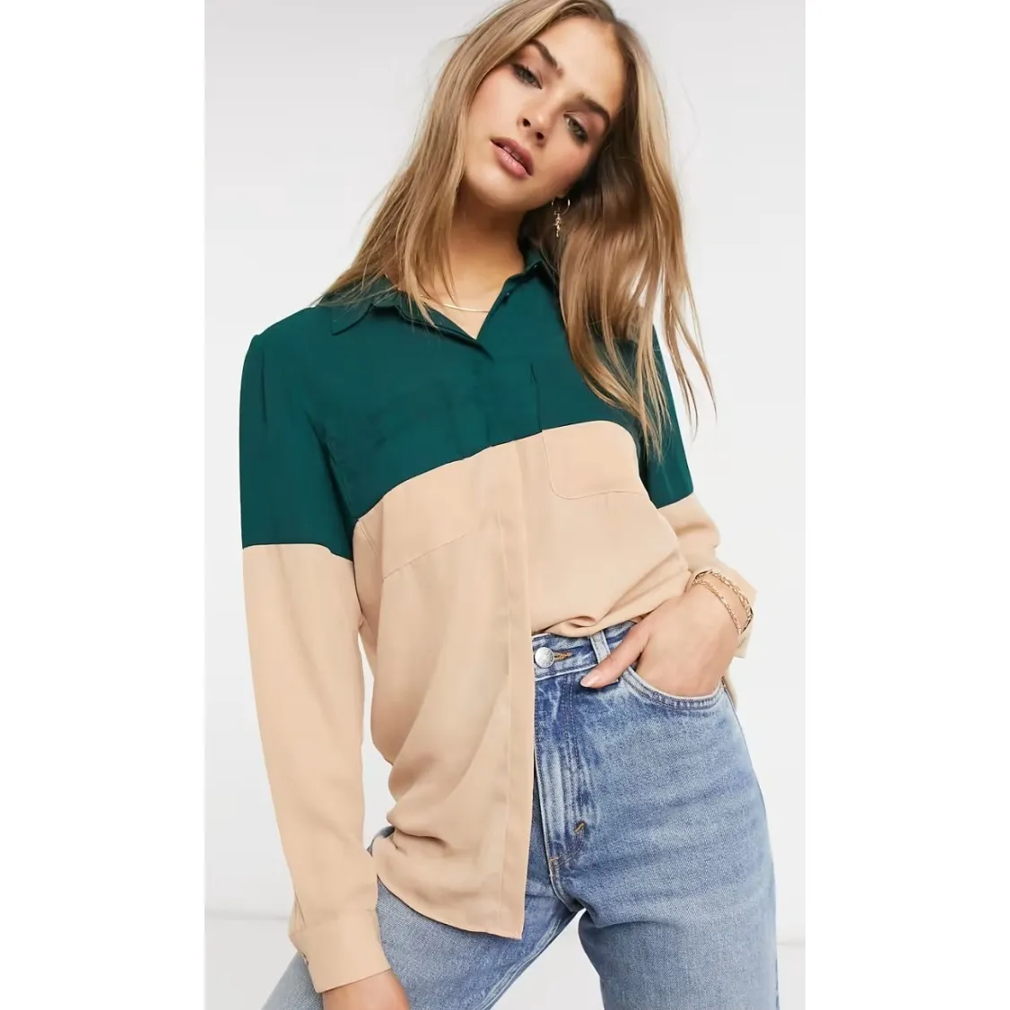 ASOS Shirt Womens Size 6 Tan Green Colorblock Long Sleeve Button Down - Image 3