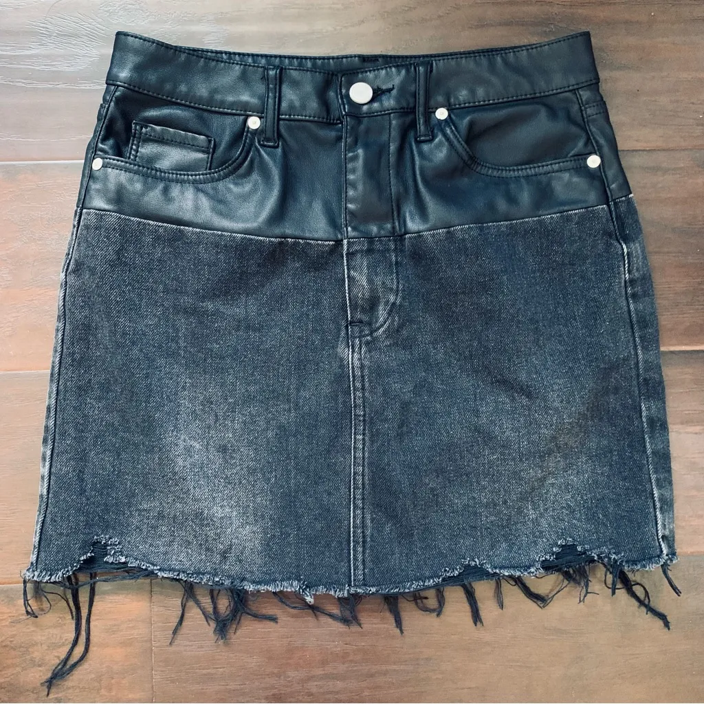 BlankNYC Twist of Fate Black Vegan Leather & Denim High Rise Mini Raw Hem Skirt - Image 4