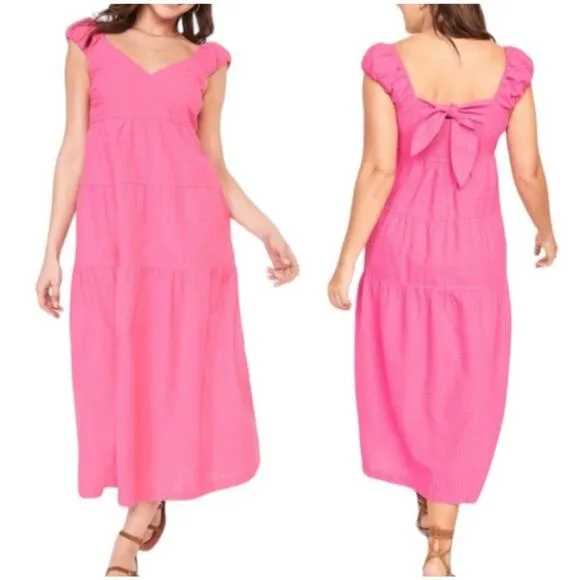 Old Navy Women's Small Maxi Tiered Dress Seersucker Pink Smocked Barbiecore - Image 2