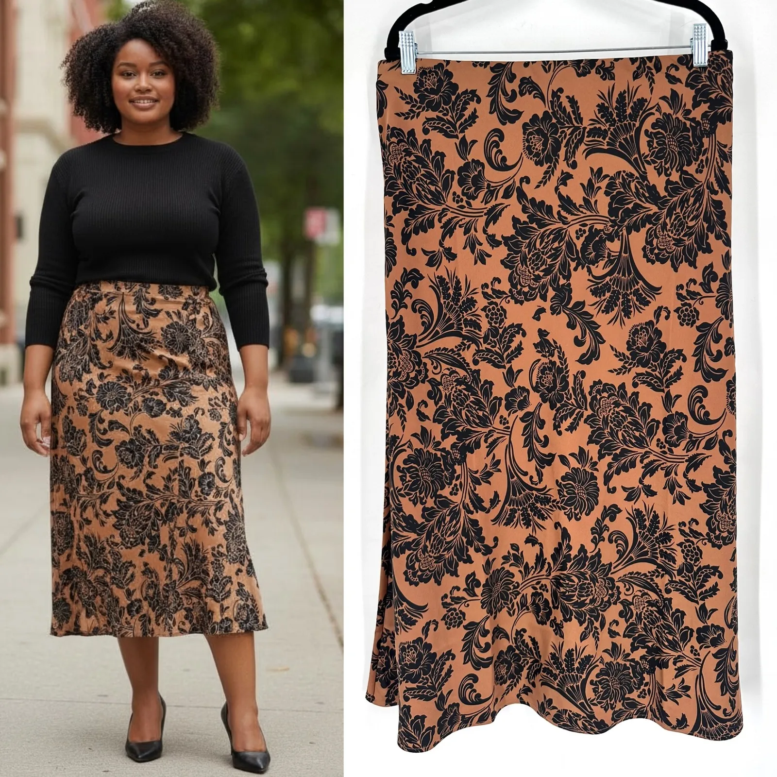 Soft Surroundings Size XL Midi Skirt Brown Black Floral Satin Brocade Whimsygoth - Image 2