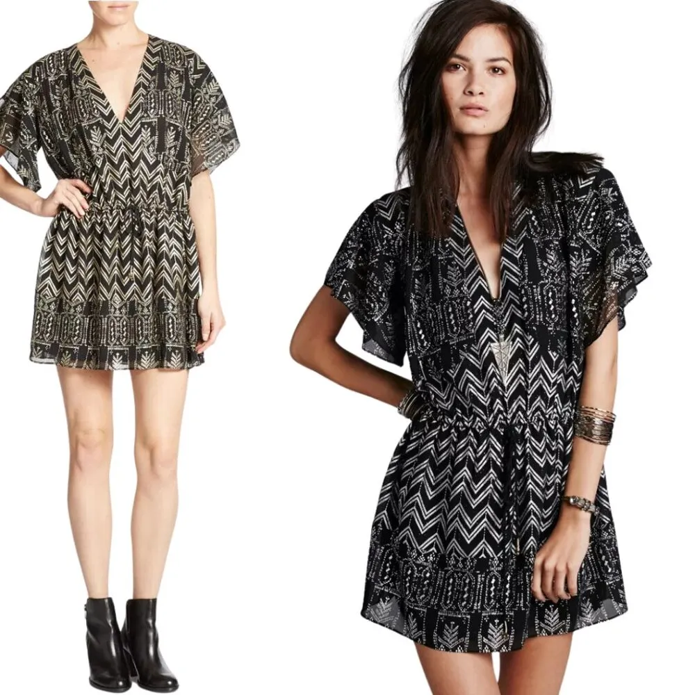 Free People Love Your Chaos Mini Dress Womens Medium Black Gold Drop Waist Tunic - Image 3