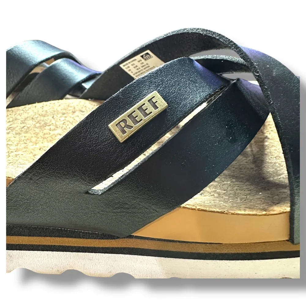 Reef Platform Sandals Cork Footbed Criss Cross Straps Black Sz 8 Boho Coastal - Image 2