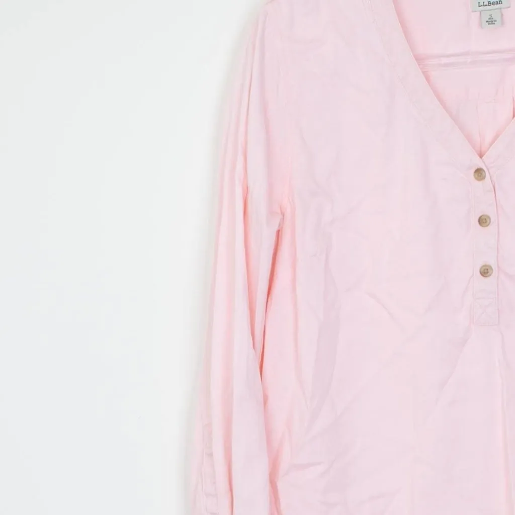 LL Bean Womens Tencel Blend Popover Shirt Size S Pink‎ Roll Tab Sleeve Coastal Pink - Image 3