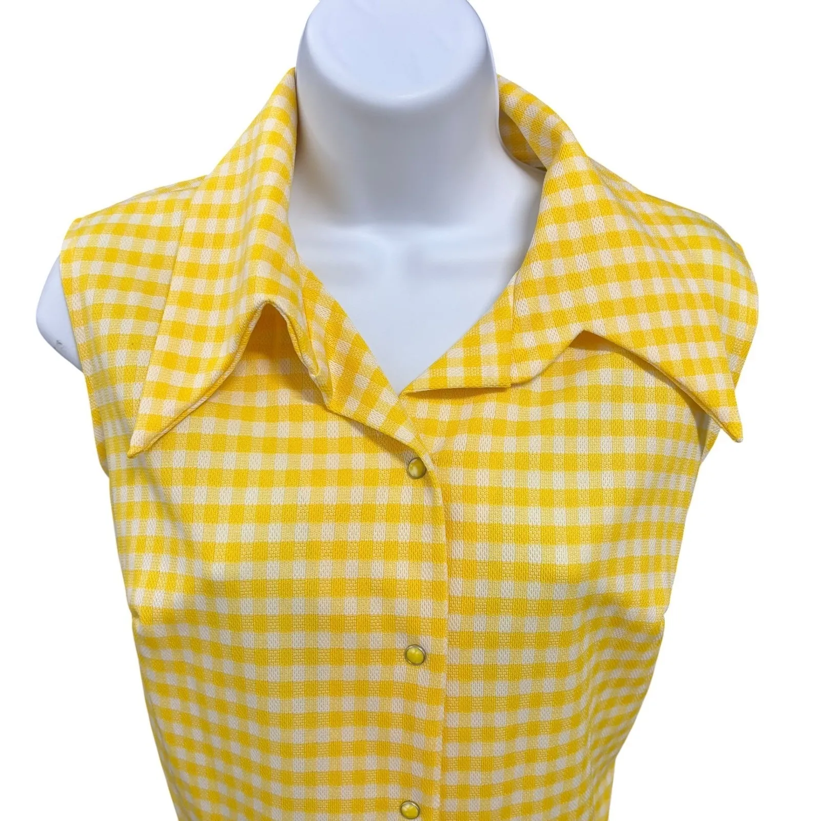 Vintage Yellow Gingham Sleeveless Button Front Shirt Dress with Belt and Pockets Size M - Image 3