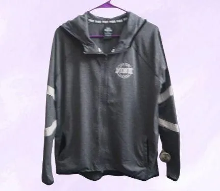 PINK Victoria's Secret ultimate full zip sweater love pink in circle left chest with pockets thumb stripes on sleeves in gray - Image 2